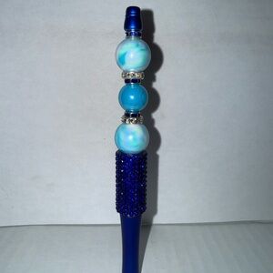 Handmade Beaded Pen- Elegant Blue pen with marble resin beads & rhinestone base